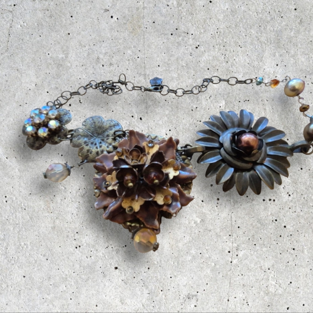 Gina Burns Floral Statement Necklace in Brown and Silver